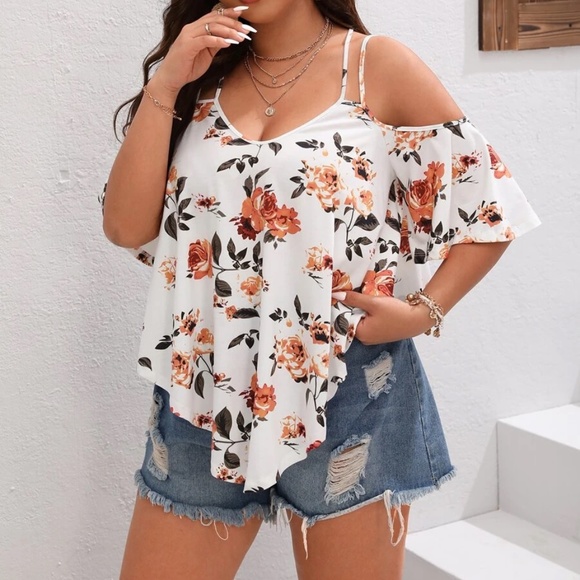Plus Floral Print Cold Shoulder Blouse - Picture 4 of 5